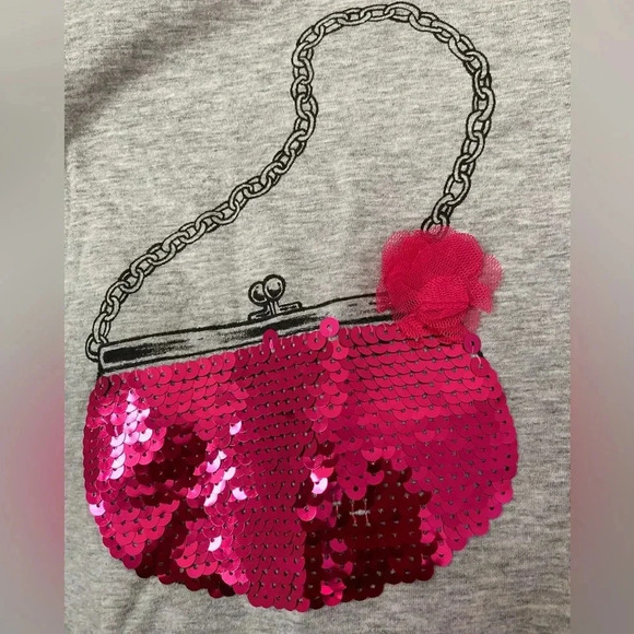 Basic Editions Girls Sequin Grey Pink Tee 14 /16 Size XL ruffled shoulder sleeve - Picture 2 of 9